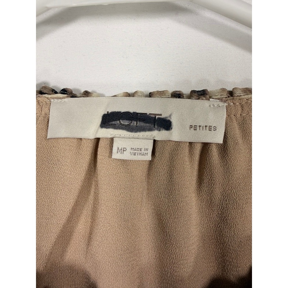 LOFT Animal Print Dress Women MP Brown Excellent Drawstring Waist Puff Sleeve - Picture 5 of 7